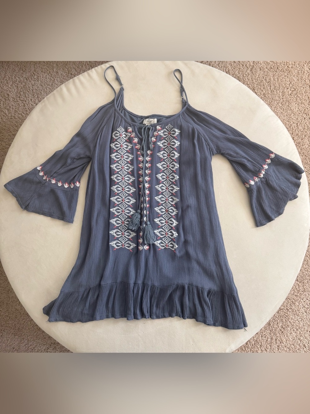 Exist Slate Blue Embroidered Bell Sleeve Tunic